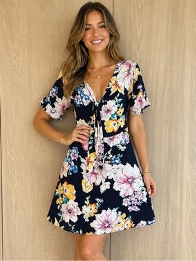 My Beloved Navy Floral Tie-Front Mini Dress Size Small Cottagecore Boho